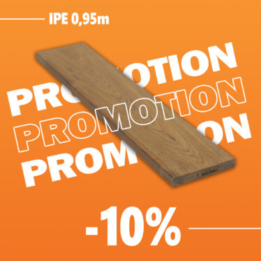 Lame de terrasse en bois IPE de 0,95 m en promotion avec une réduction de 10 %, présentée sur fond orange par Connexion Bois Direct