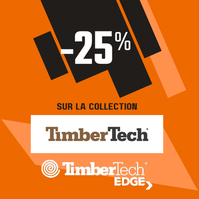 Promotion de 25 % sur la collection TimberTech et TimberTech EDGE, visuel orange avec mise en avant de la remise